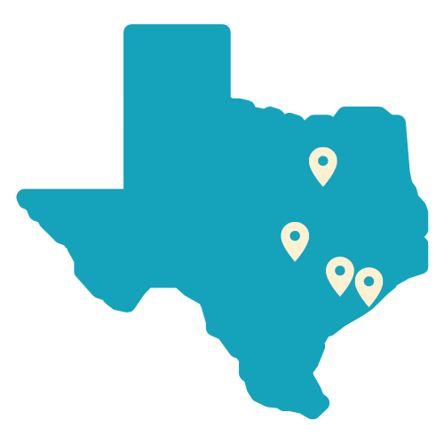 Teal map of Texas with cream-colored location pins on Houston, Austin, Fort Wort, and Galveston.