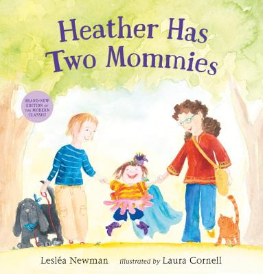 Heather Has Two Mommies book cover with illustration of a family with two moms, one child, and two pets