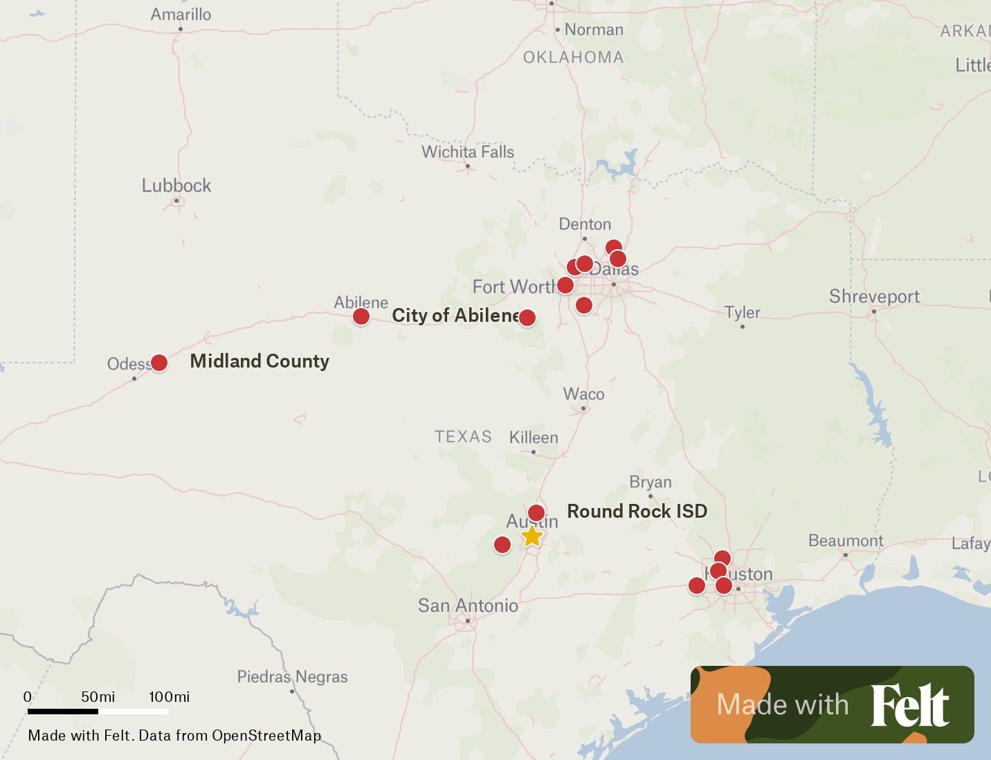 A screenshot of a map of Texas highlighting the school districts and counties that have banned books as part of the chilling effect of HB 900. The map image links back to the interactive map.