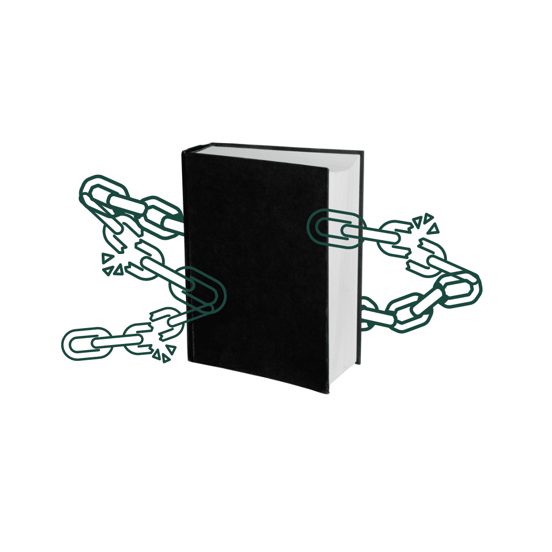 A black book in dark green chains. The chains are breaking open.